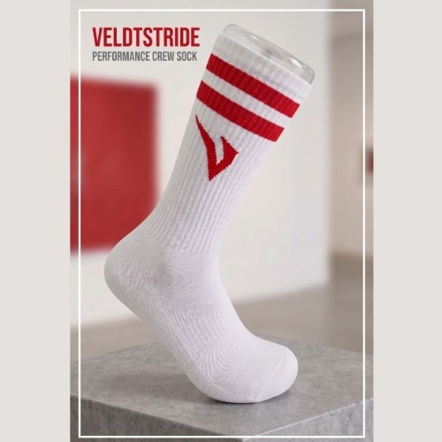 VELDTSTRIDE performance crew sock in white and red